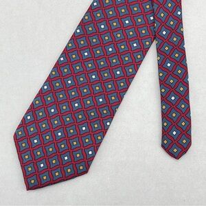 Brooks Brothers Makers Mens Silk Necktie Red Blue Geometric USA Luxury Designer